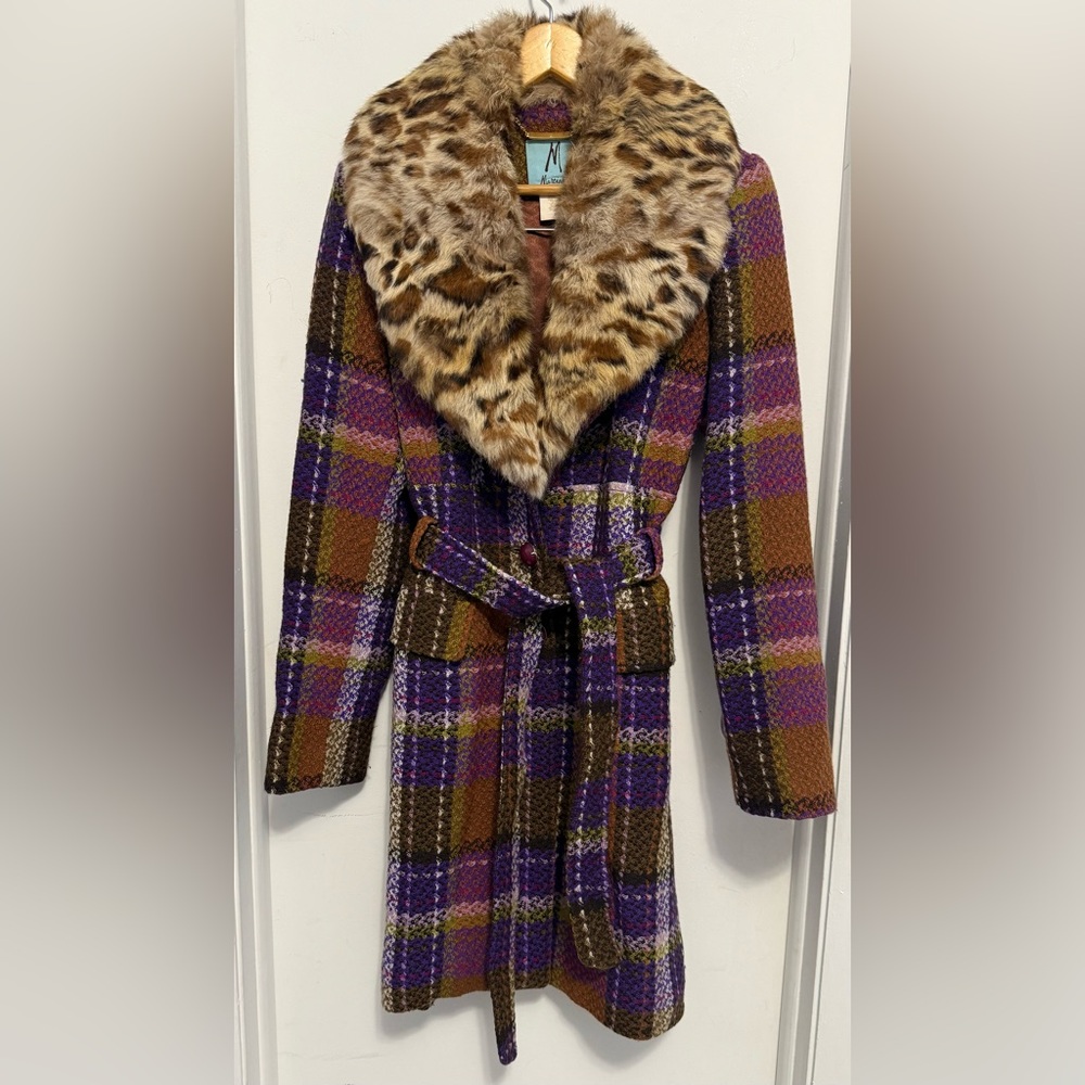 Marciano Real Fur Collar Plaid Coat in Purple and Brown
